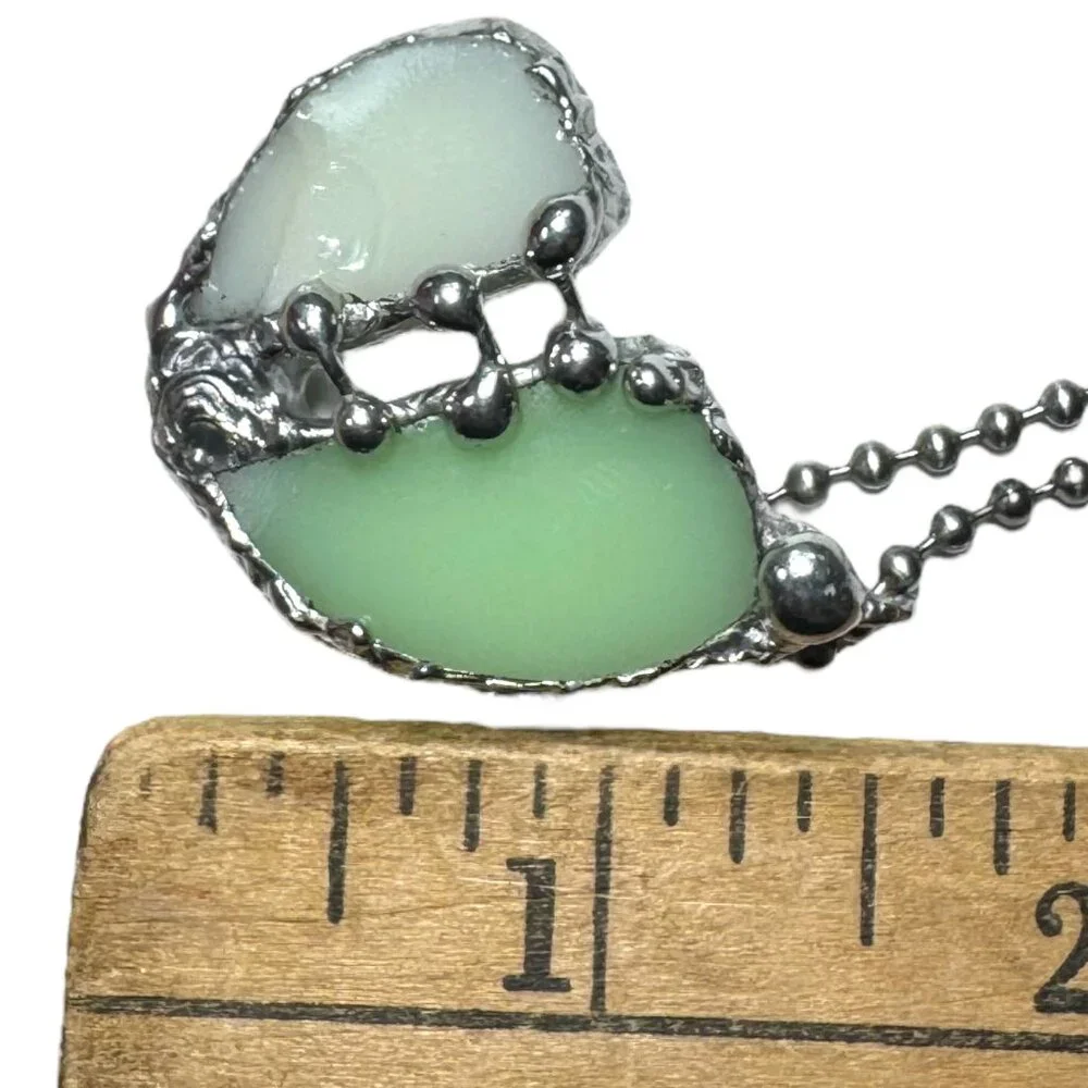 Vaseline Glass “Mended” Heart Pendant Bezel Artisan Crafted Glowing Glass - Picture 13 of 17